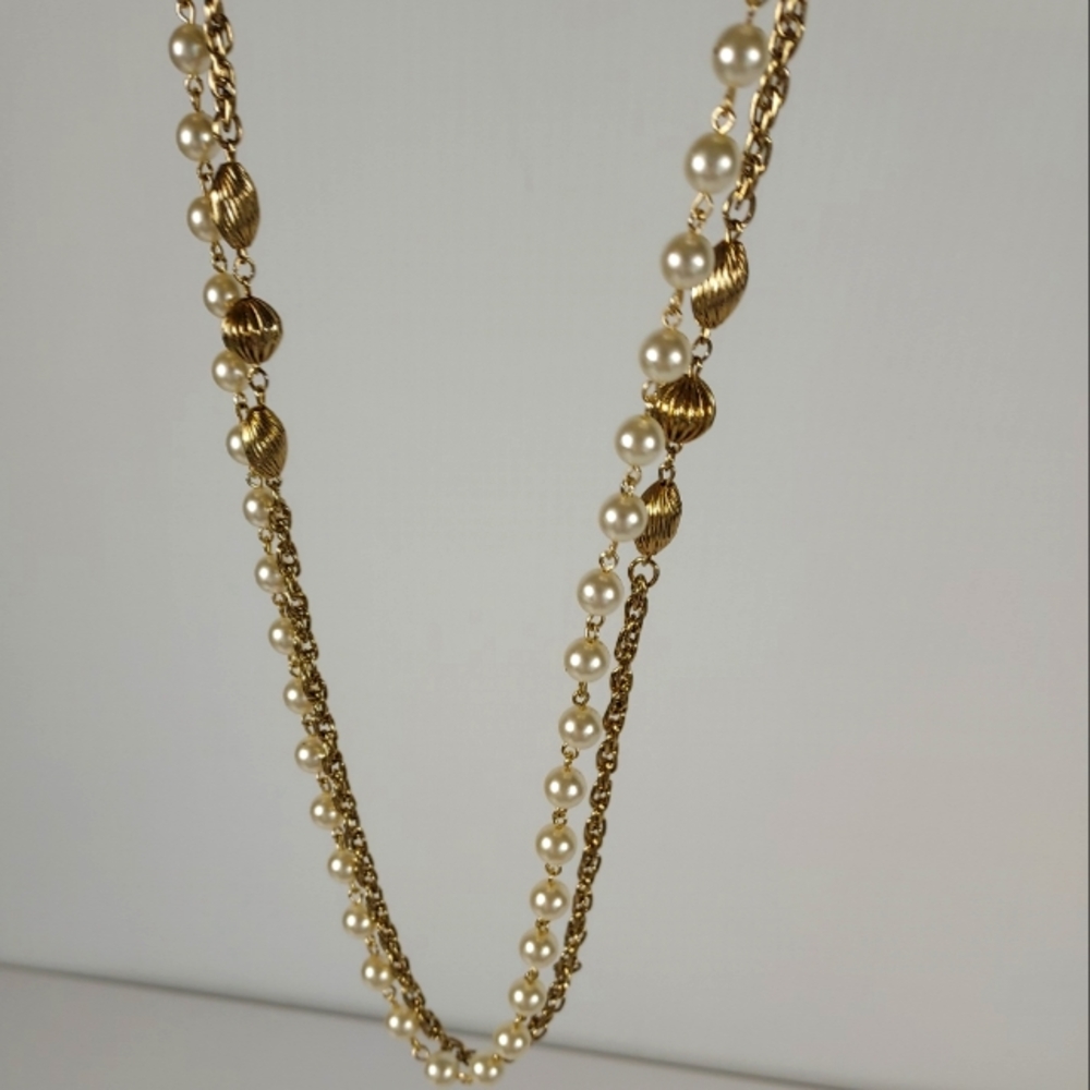 Vintage Double Strand Necklace Gold and Faux Pearls Trendy Jewelry
